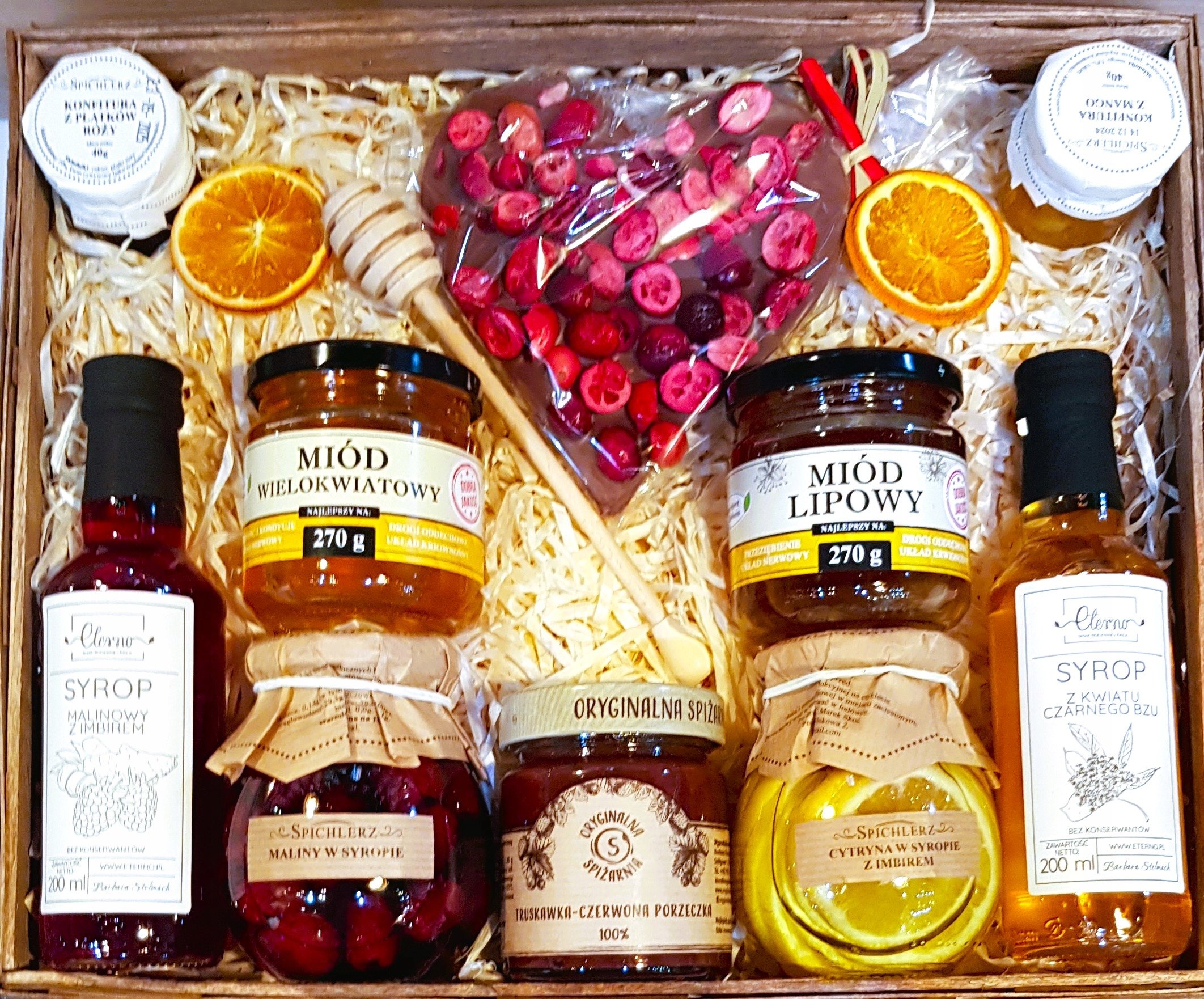 Duży Kosz Zestaw Prezentowy Miód Herbata Konfitury Pomarańcza Syrop