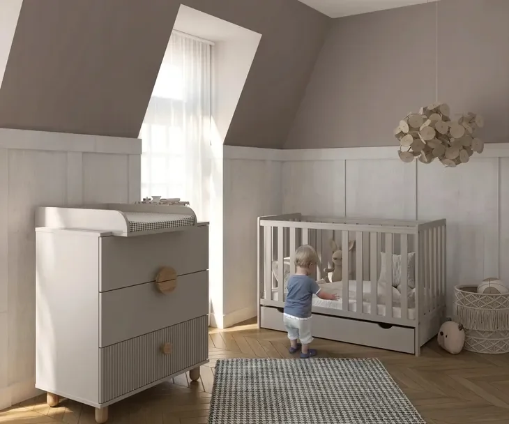 Kaszmirowy zestaw mebli Komoda LOFT i Łóżeczko 2w1 BAMBI 120x60 z szufladą