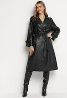 Płaszcze damskie - Czarny Dwurzędowy Płaszcz Wiązany w Pasie z Kieszeniami Asella - miniaturka - grafika 1
