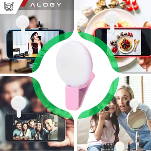 Lampka LED Alogy Mini Selfie Ring Klips do nagrywania robienia zdjęć do telefonu z klipsem Różowa - Selfie stick - miniaturka - grafika 5