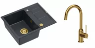 Zlewozmywaki z baterią - Quadron Zlewozmywak granitowy jednokomorowy 62*50*22 cm z ociekaczem MORGAN 116 BLACK DIAMOND ze złotym odpływem z baterią INGRID Q LINE kolor złoty - miniaturka - grafika 1
