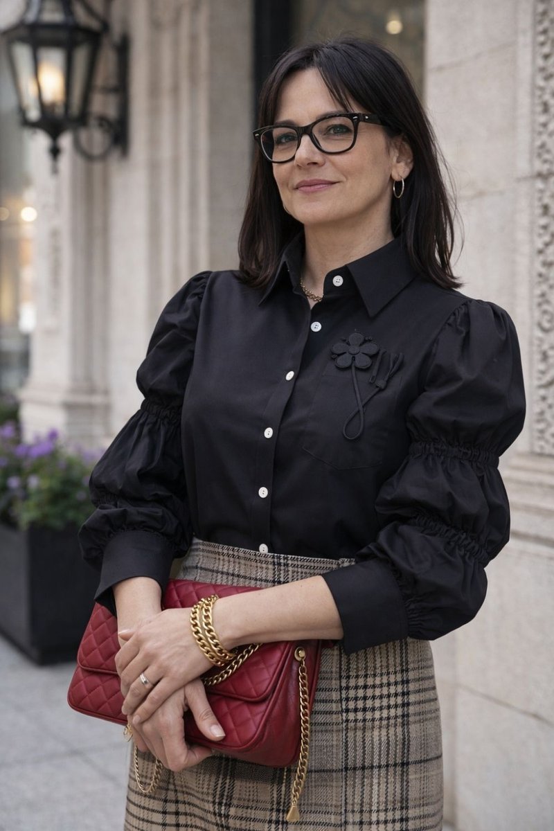 Koszula damska czarna bufiaste rękawy kwiat elegancka S/M