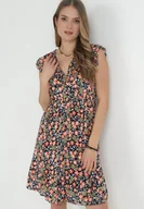 Sukienki - Granatowa Rozkloszowana Sukienka z Wiskozy w Kwiaty Evalis - miniaturka - grafika 1