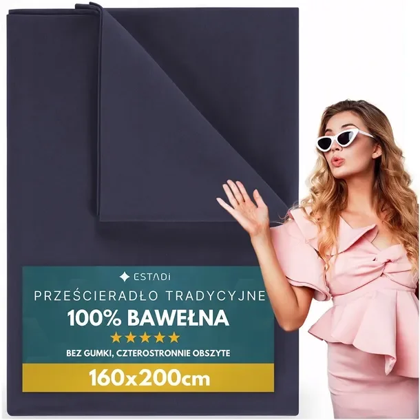 Prześcieradło bez Gumki Tradycyjne 160x200 cm Bawełniane Granatowe Granat