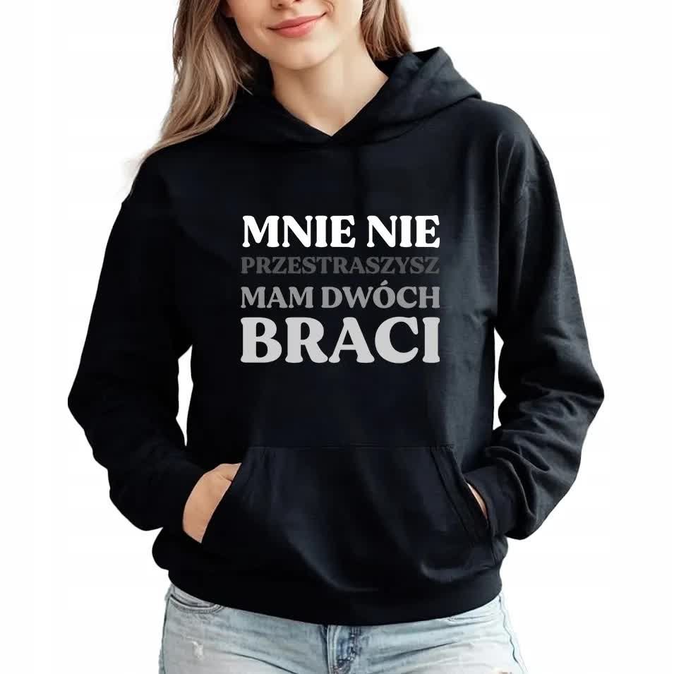 BLUZA DAMSKA Czarna Z Kapturem Na Prezent Dla Siostry MAM DWÓCH BRACI - XL