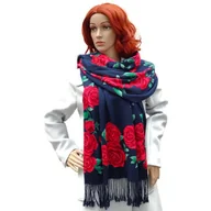 Apaszki i szaliki damskie - Szalik damski szal z frędzlami w róże zielone liście granatowy DOR-3C - miniaturka - grafika 1