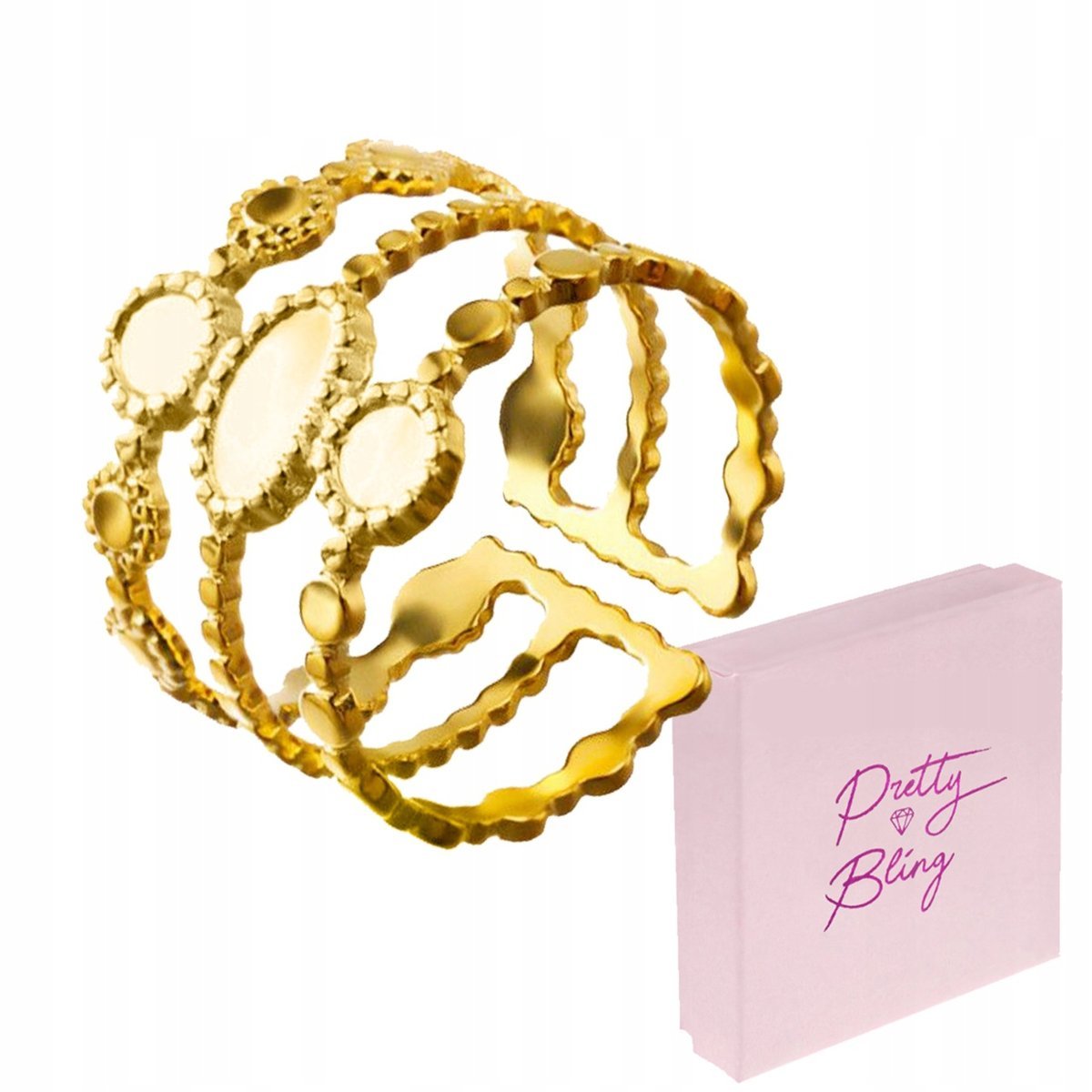 Pierścionek damski POZŁACANY zdobiony potrójny BOHO szeroki regulowany stal