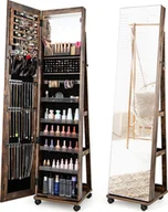 Biżuteria - akcesoria - COSTWAY Szafka na biżuterię na kółkach, zamykana szafka z lustrem z oświetleniem LED i regulowanymi półkami, stojący stojak na biżuterię z lustrem na całej długości na naszyjniki, kolczyki, makijaż (rustykalny brąz) - miniaturka - grafika 1