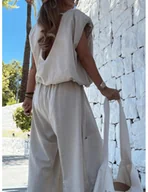 Komplety damskie - Stylowy lniany komplet z szerokimi spodniami ANEESA - beżowy - miniaturka - grafika 1