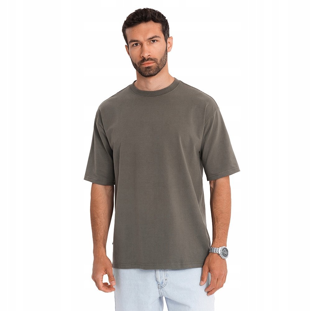T-shirt bawełniany męski loose fit ciemnooliwkowy Ombre OM-TSBC-0234 V7 XXL