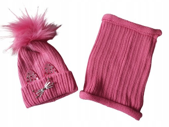 DZIECIĘCA CZAPKA ZIMOWA KOMIN CIEPŁA POMPON KOT