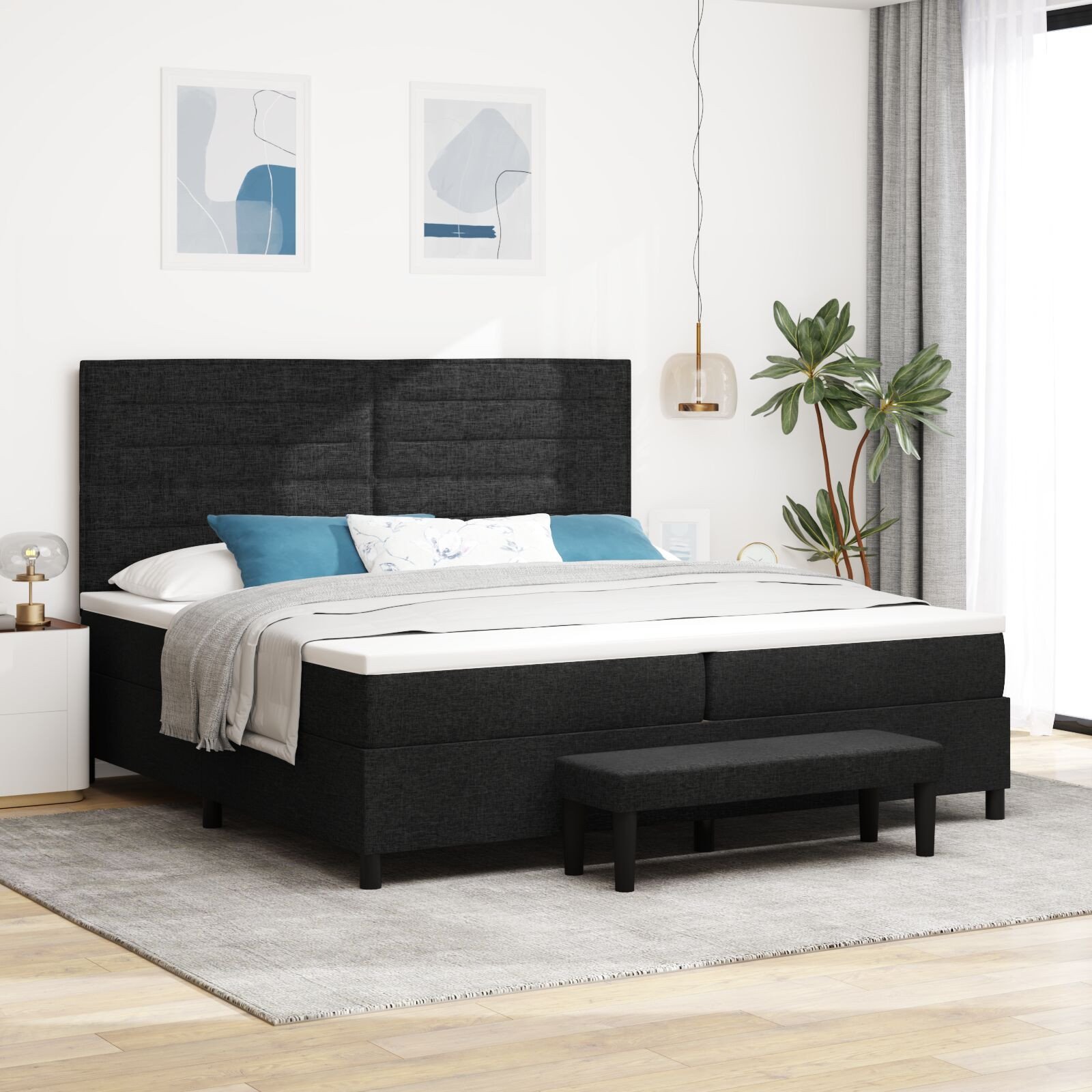 vidaXL Łóżko na sprężynach z materacem i ławką czarne 200x200 cm tkanina