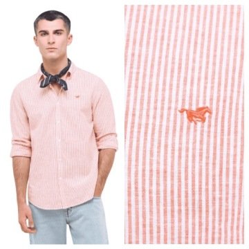 Koszula Męska Mustang Rawlins Lniana Czerwona W Paski Slim Fit 3XL