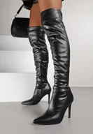 Kozaki damskie - Czarne Marszczone Kozaki Vices na Szpilce z Noskiem w Szpic Caldissa - miniaturka - grafika 1