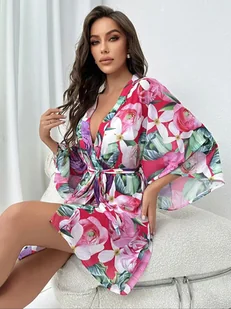 Szlafrok damski z kwiecistym motywem - Wielokolorowy - Szlafroki damskie - miniaturka - grafika 1