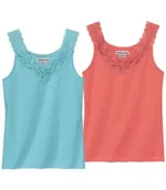 Koszulki i topy damskie - Zestaw 2 topów ze stretchu z koronką Kobieta Atlas For Men - Kolor : Różowy - Rozmiar : 40/42 - miniaturka - grafika 1