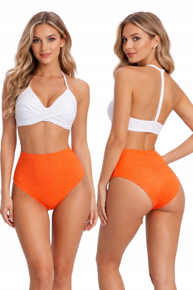 STRÓJ KĄPIELOWY DAMSKI BIKINI WYSOKI STAN BIAŁO POMARAŃCZOWY MODELUJĄCY