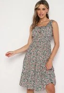 Sukienki - Zielono-Różowa Rozkloszowana Sukienka z Bawełny Wykończona Gumką w Talii Nelaris - miniaturka - grafika 1