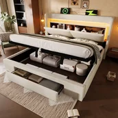 Meble do sypialni - Łóżko z pojemnikiem 140 x 200 cm, zagłówkiem i 1 szufladą - Tkanina lniana - Diody LED oraz porty USB i typu C - Beżowe - miniaturka - grafika 1