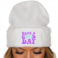 Czapki damskie - CZAPKA Jesienna BAWEŁNIANA ZIMOWA Ciepła BIAŁA BEANIE HAVE A GOOD DAY Wzory - miniaturka - grafika 1