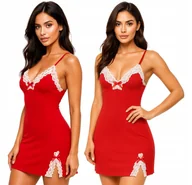 Bielizna nocna - Koszulka nocna na ramiączkach z koronką czerwona - L - miniaturka - grafika 1