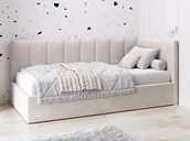 Łóżka dla dzieci i młodzieży - Tapczan jednoosobowy tapicerowany 90x200 z pojemnikiem ze stelażem beżowy Velvet Tom - miniaturka - grafika 1