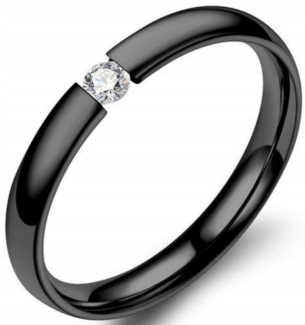 Czarny Pierścionek z Białą Cyrkonią Obrączka