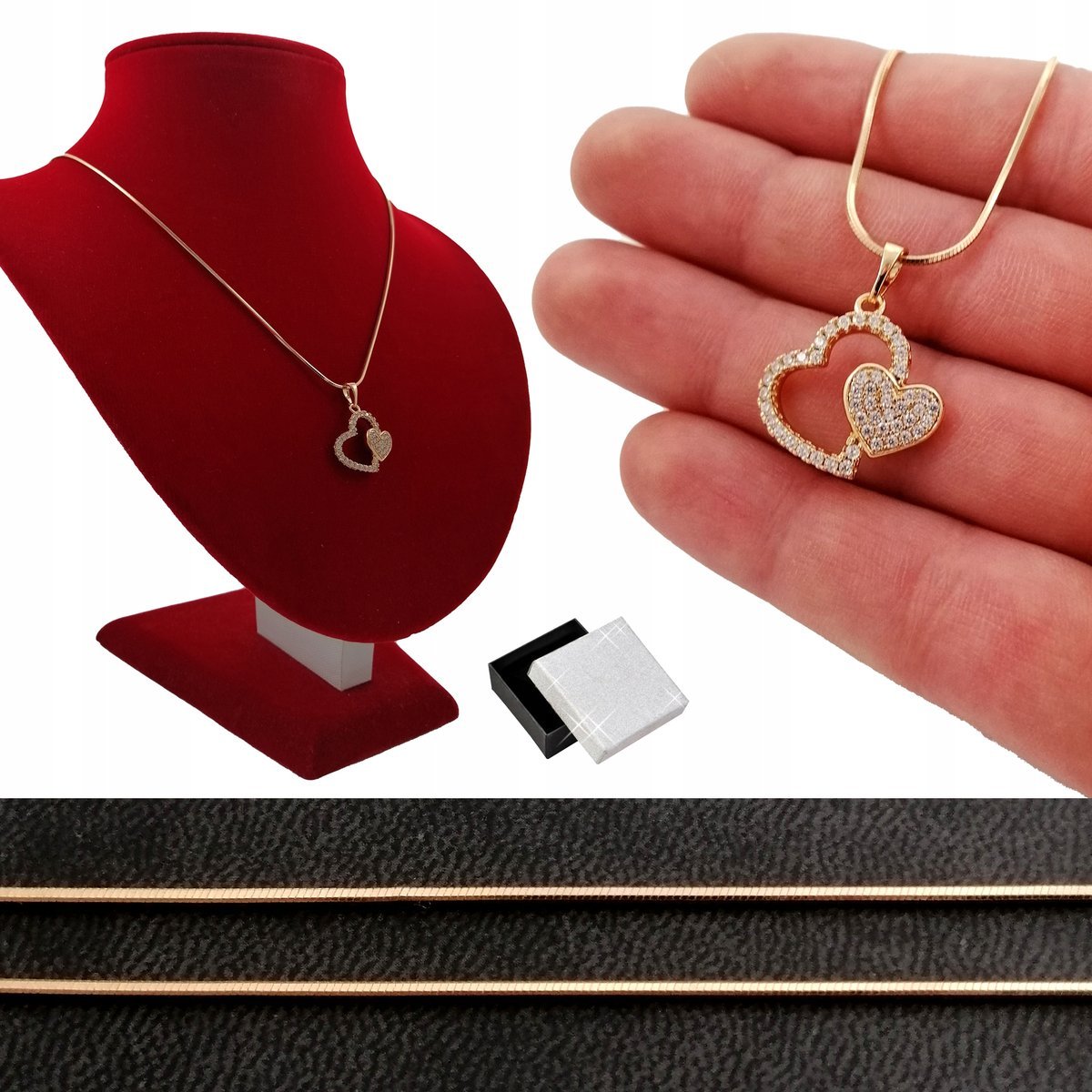 Złoty Naszyjnik Podwójne Serce 18K Prezent 35Cm