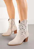 Botki damskie - Jasnobeżowe Botki Kowbojki Vices na Słupku z Geometrycznym Motywem Sarori - miniaturka - grafika 1