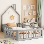 Łóżka dla dzieci i młodzieży - Łóżko dziecięce 90 x 200 cm z drewna sosnowego z barierkami zabezpieczającymi i drzwiczkami, w komplecie stelaż listwowy, kolor szary - miniaturka - grafika 1