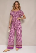 Komplety damskie - Fioletowy Komplet Spodnie i Bluzka z Bawełny w Ornamentalny Print Nanitria - miniaturka - grafika 1