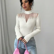 Swetry damskie - TEMU ELEGANTSUT Damski Seksowny Elegancki Półprzezroczysty Sweter z Koronki - Dopasowany Krótki Rękaw (Bez Objętości) Stójka Wysoka Elastyczność - miniaturka - grafika 1