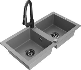 Mexen Mario zlewozmywak granitowy 2-komorowy z baterią kuchenną Elia, szary - 6504-71-670101-70-B - Zlewozmywaki z baterią - miniaturka - grafika 1