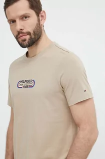 Koszulki męskie - Tommy Hilfiger t-shirt bawełniany męski kolor beżowy z nadrukiem MW0MW34429 - grafika 1