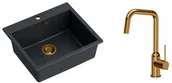 Zlewozmywaki z baterią - Quadron Zlewozmywak granitowy jednokomorowy 57*50*22 cm MORGAN 110 BLACK DIAMOND z miedzianym odpływem z baterią NATALIE Q LINE kolor miedziany - miniaturka - grafika 1