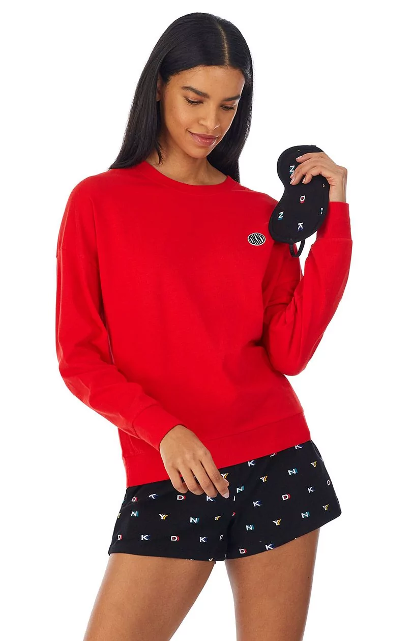 DKNY bawełniana piżama damska z długim rękawem i krótkimi nogawkami YI2522590, Kolor czarny-wzór, Rozmiar XS, DKNY - Intymna