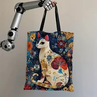 Torby i wózki na zakupy - Torba shopperka tote biały kot granatowa kwiaty 40x34 cm płócienna art deco - miniaturka - grafika 1
