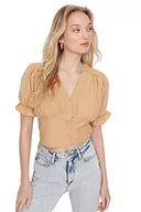 Koszule damskie - TRENDYOL Damska koszula z dekoltem w serek, jednokolorowa, regularna koszula, beżowy, 38 - miniaturka - grafika 1