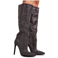 Kozaki damskie - FS1 Modne Kozaki Na Szpilce Z Cyrkoniami Czarne Lovisa srebrny - miniaturka - grafika 1