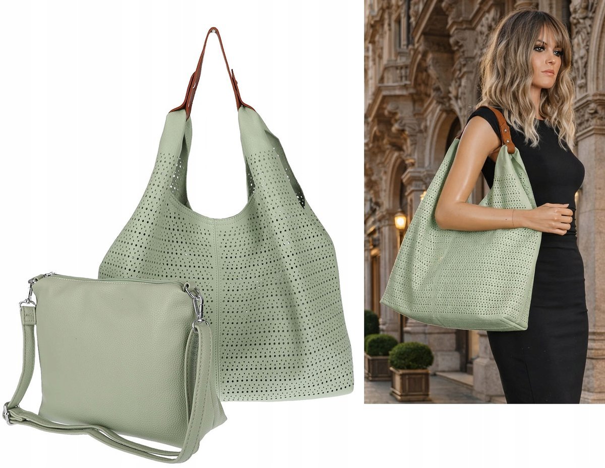 Torebka Damska shopper worek listonoszka pojemna Ażurowa 2w1 1901 Zielona
