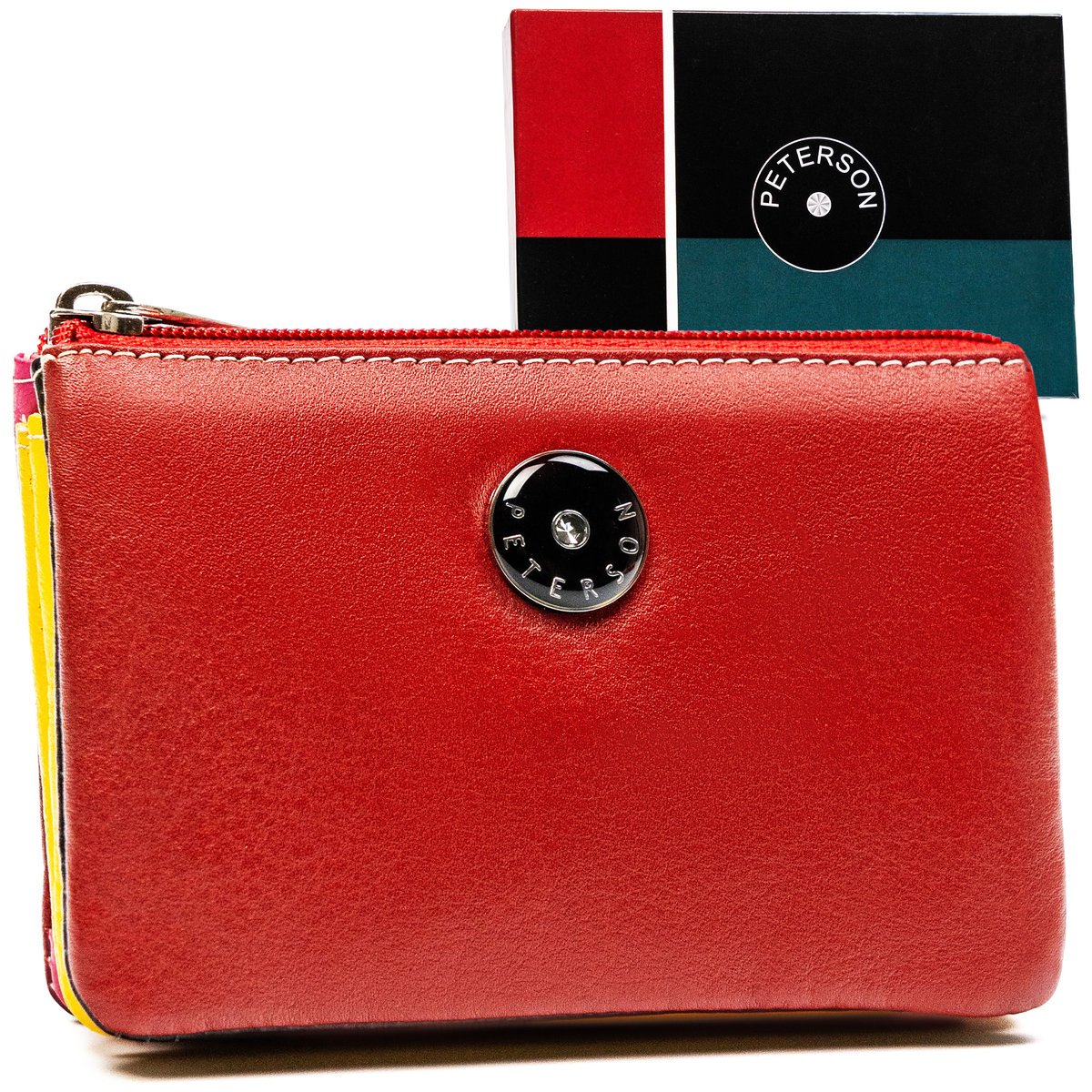 Damski skórzany portfel Peterson na suwak z funkcją etui do kluczy, czerwony