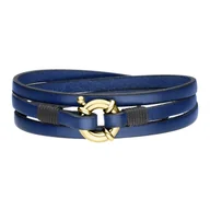 Bransolety męskie - Męska bransoletka niebieskie skórzane rzemienie z pozłacanym zapięciem - Manoki - miniaturka - grafika 1