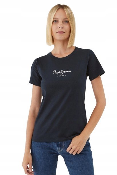 PEPE JEANS GRANATOWY T SHIRT Z LOGO Z BAWEŁNY Z OKRĄGŁYM DEKOLTEM S I1D