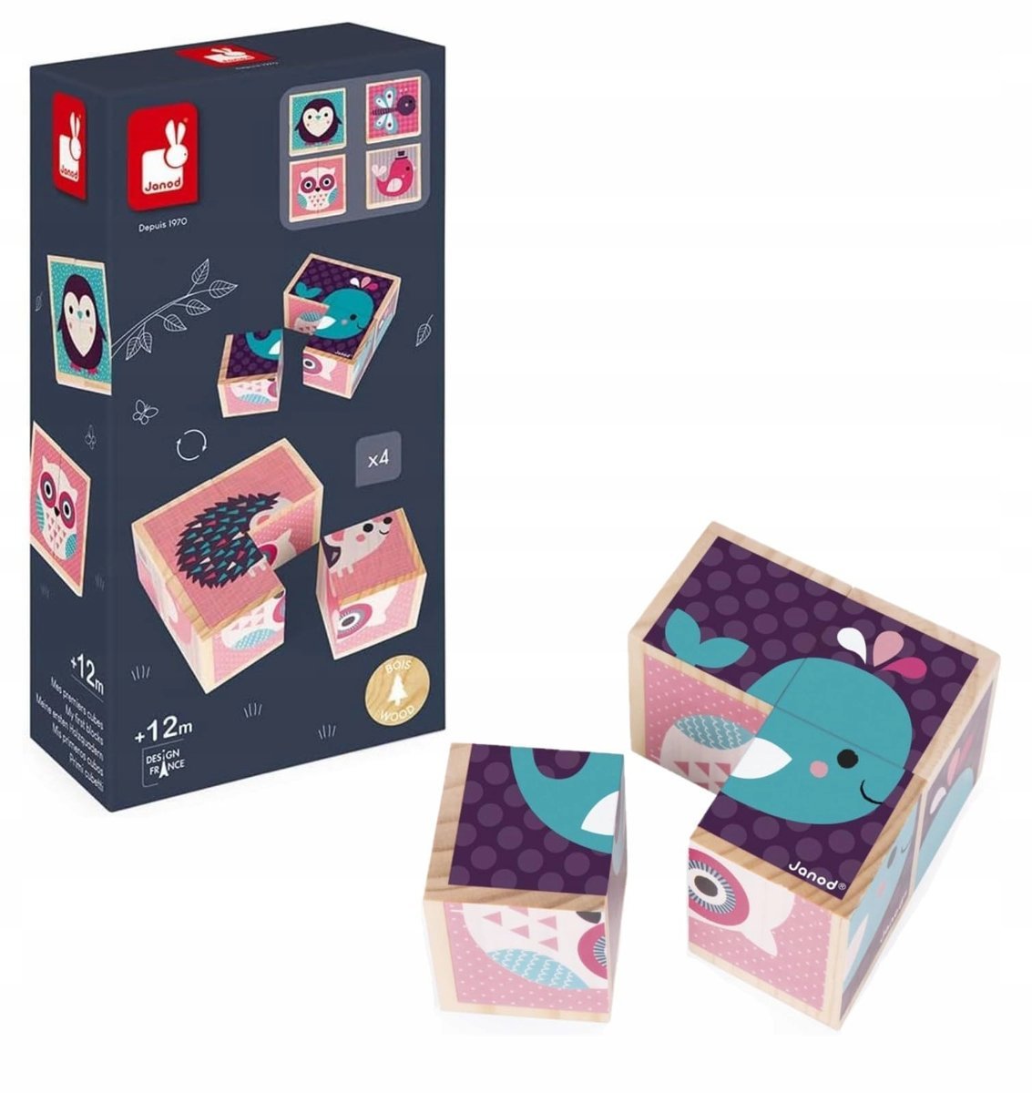 JANOD Klocki Drewniane Dla Dzieci Zwierzęta Puzzle 4 Klocki Dla Maluchów