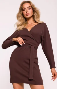 Prążkowana sukienka mini z paskiem brązowa M819, Kolor brązowy, Rozmiar 2XL/3XL, MOE - Primodo.com - Sukienki - miniaturka - grafika 1