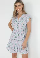 Sukienki - Jasnofioletowa Sukienka Taliowana z Wiskozy w Kwiaty Adomisia - miniaturka - grafika 1