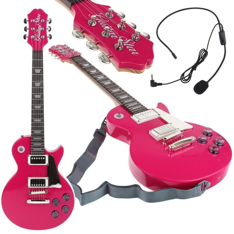 Gitara Elektryczna Rockowa z Mikrofonem Karaoke dla Dzieci Melodie Podkłady - Różowa