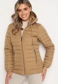 Kurtki damskie - Ciemnobeżowa Pikowana Kurtka z Kapturem i Sznurkami Miviana - miniaturka - grafika 1