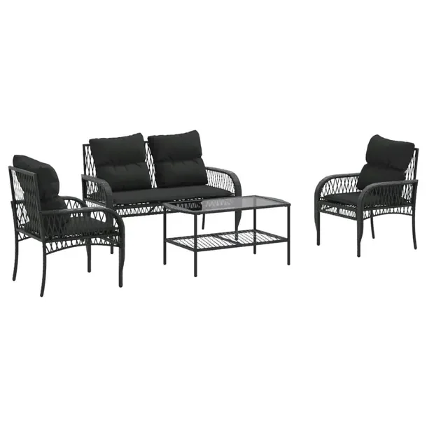 Zestaw Wypoczynkowy z Rattanu PE, Czarny, Sofa 122x57x78 cm, Fotele 63x57x7