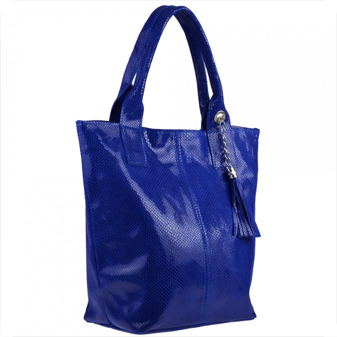 Torebka shopper skórzana z połyskiem XL chabrowa